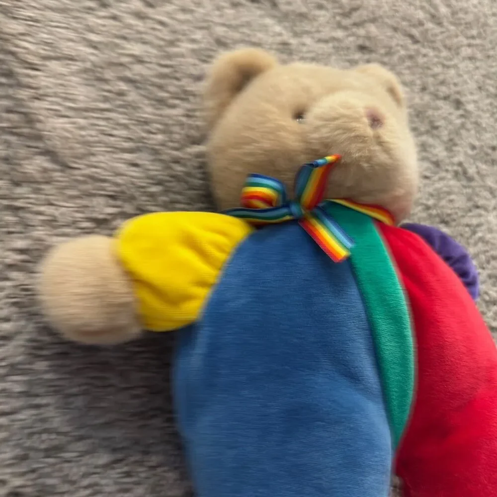 Vintage Eden Teddy Bear Plush Velour Primary Colors Rainbow Bow 13” Toy - RARE